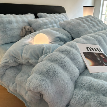 Winter Rabbit Fur Four-Piece Set Coral Fleece Winter Warm Milk Velvet Duvet Cover Flannel Bed Sheet Bedding