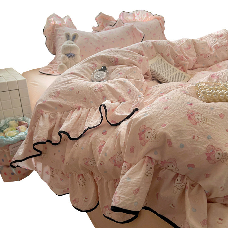 Super Soft Washed Cotton Four-Piece Set, Non-Pure Cotton, All-Cotton, Girly Double-Layer Gauze Lace Duvet Cover, Dormitory Bed Sheet Three-Piece Set