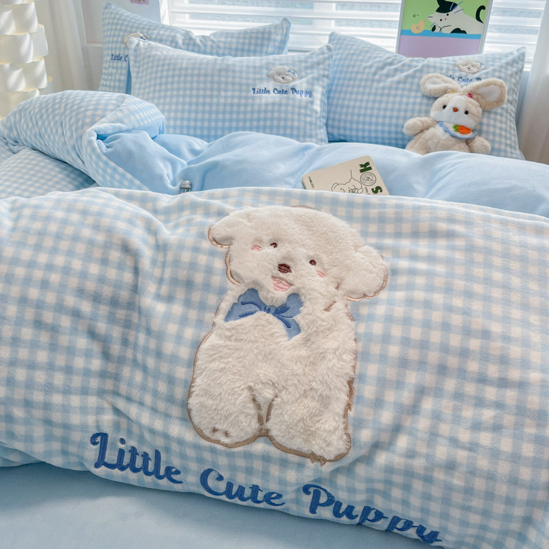 Cartoon Double-Sided Fleece Duvet Cover Four-Piece Set, Milk Velvet Winter Coral Fleece Flannel Snowflake Fleece Bed Sheet Single Three-Piece Set