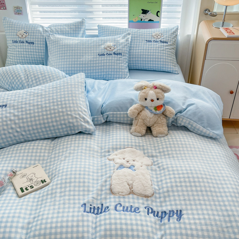 Cartoon Double-Sided Fleece Duvet Cover Four-Piece Set, Milk Velvet Winter Coral Fleece Flannel Snowflake Fleece Bed Sheet Single Three-Piece Set