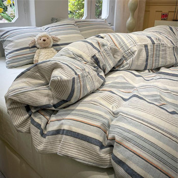 Light Luxury High-End Washed Cotton Four-Piece Set, Non-100% Cotton, Pure Cotton 100 Bed Sheet, Duvet Cover, Fitted Sheet, Dormitory Three-Piece Set for Men 4