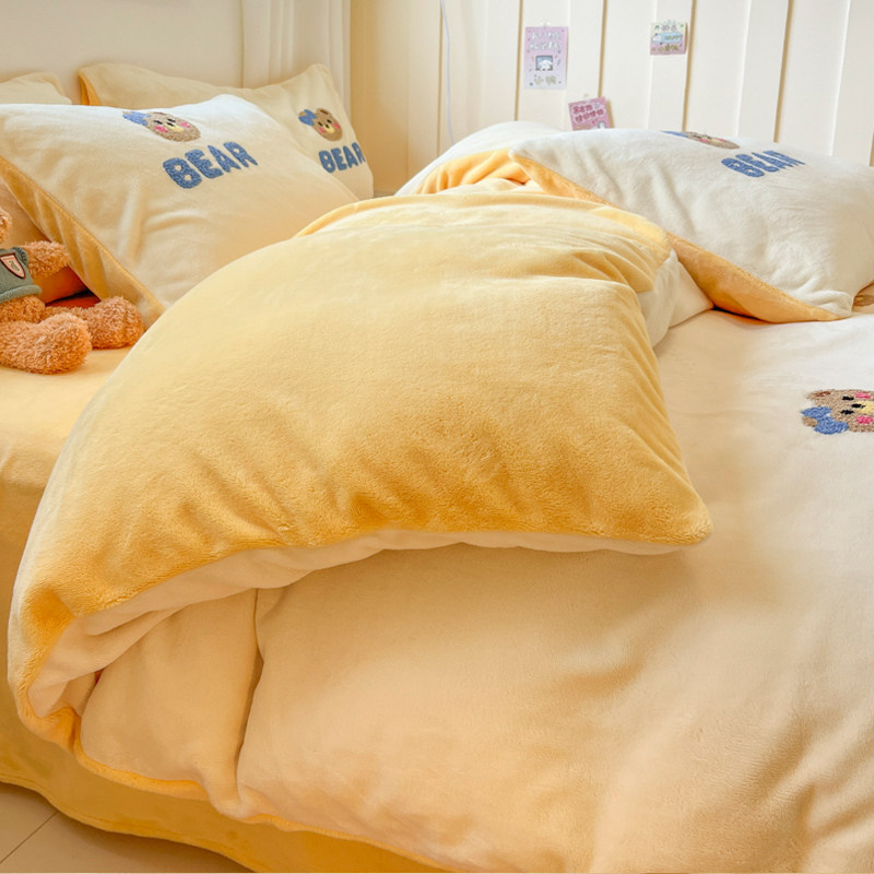 Little Bear Party Milk Velvet Four-Piece Set Coral Fleece Winter Children's Cartoon Flannel Duvet Cover Baby Fleece Bed Sheet Three