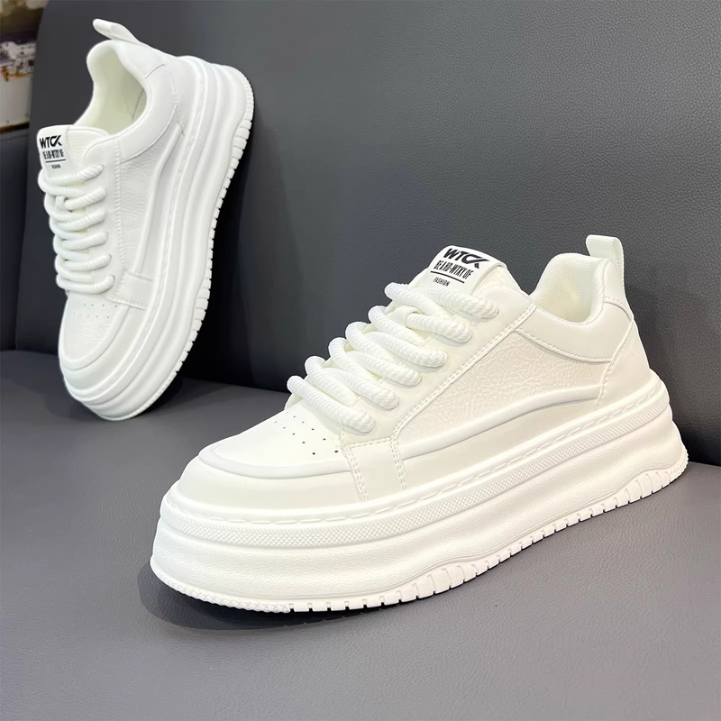 Korean Uamtor White Sneakers for Men, New Spring Trendy Thick-Soled Height-Increasing Sneakers, Genuine Leather Celebrity Style Dad Shoes