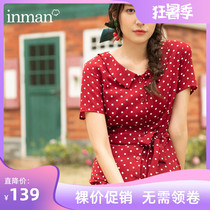 Inman flagship store special clearance French vintage polka dot dress Summer red summer short sleeve doll collar skirt