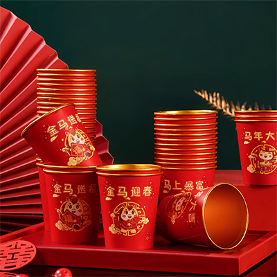 2026马年杯子金箔纸杯一次性红色杯子加厚防烫耐高温家用春节喜庆