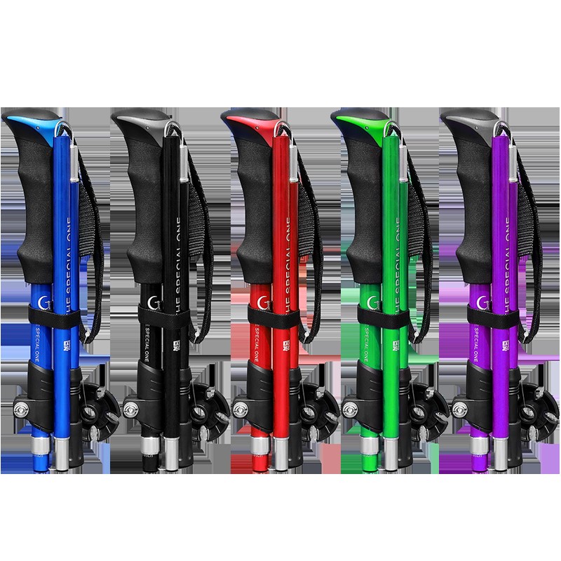 Mountaineering folding hand walking stick hiking pole retractable portable light ultra-light multifunctional mountain climbing