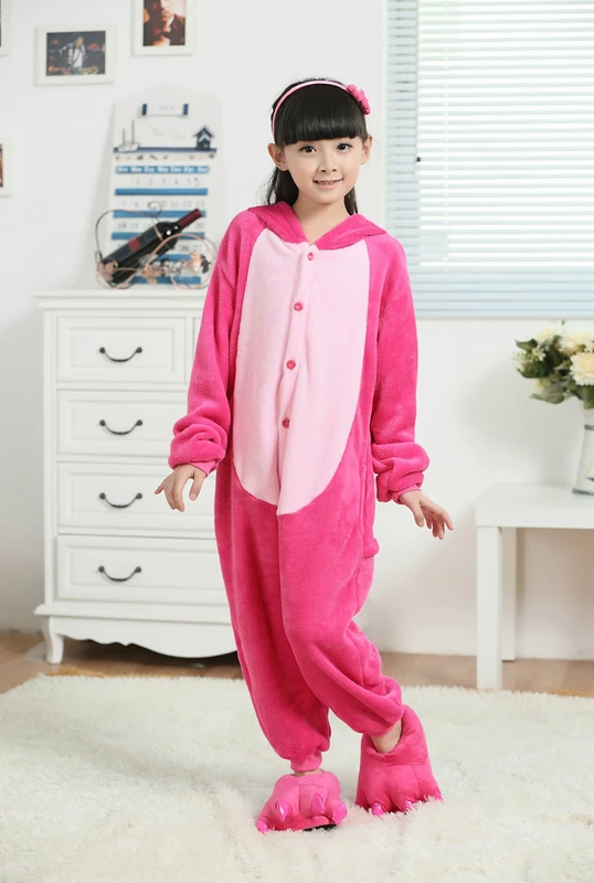 Cha mẹ-con flannel phim hoạt hình bột màu xanh Stitch đồ ngủ Siamese trai và gái dài tay dày dịch vụ nhà