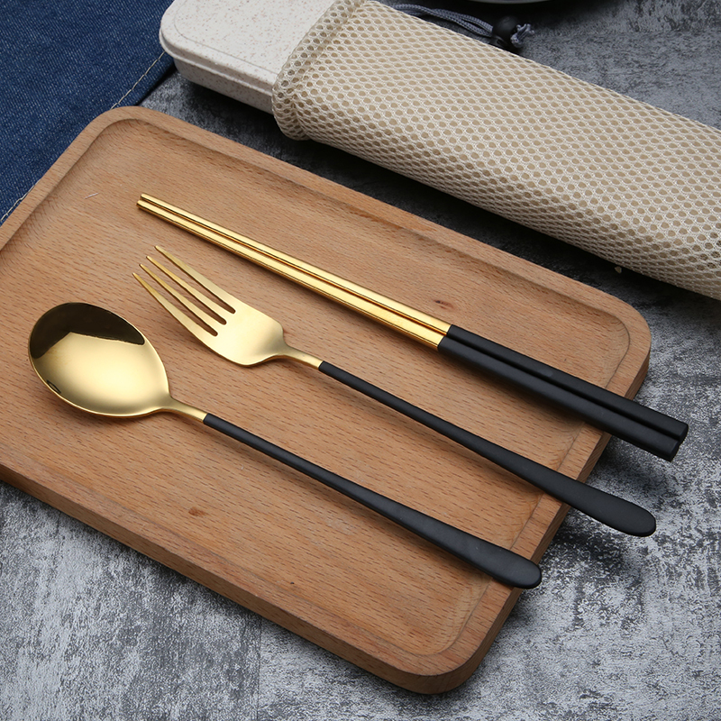 Black Gold Chopsticks Spoon Stainless Steel Tableware Set Adult Portable Student Korean Fork Creative Three-Piece Set Travel