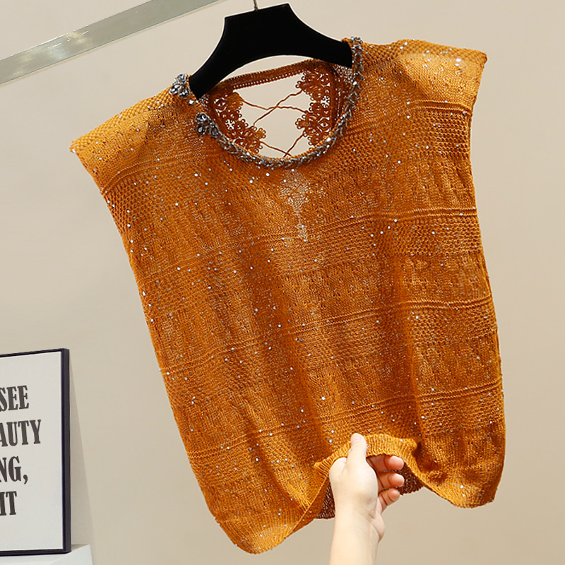 High-End, Heavy-Duty Sequined and Beaded Pullover with Diamond Embellishments, Round Neck, Cut-Out Back Design, Padded Shoulders, Sleeveless Knit Top