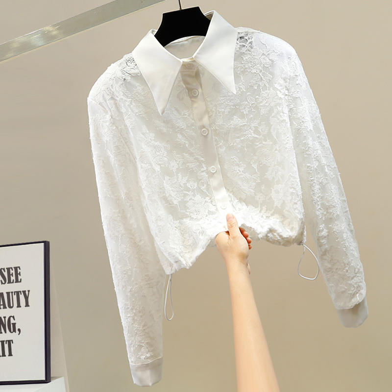 Fashionable Drawstring Pleated Design with Shoulder Pads, Pointed Collar, Single-Breasted, Short Crochet Hollow-Out Slightly Sheer Long-Sleeve Lace Shirt