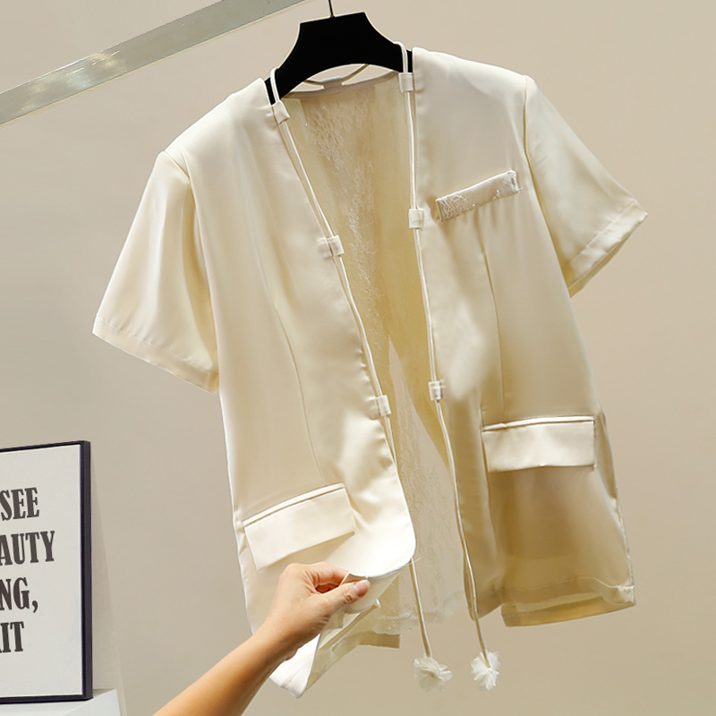 Fashionable Shirt with Faux Pocket Decoration, Ribbon Design, Intricate Sequin Embellishment, Sweet Lace Splicing, and Padded Shoulders, Mid-Length Style