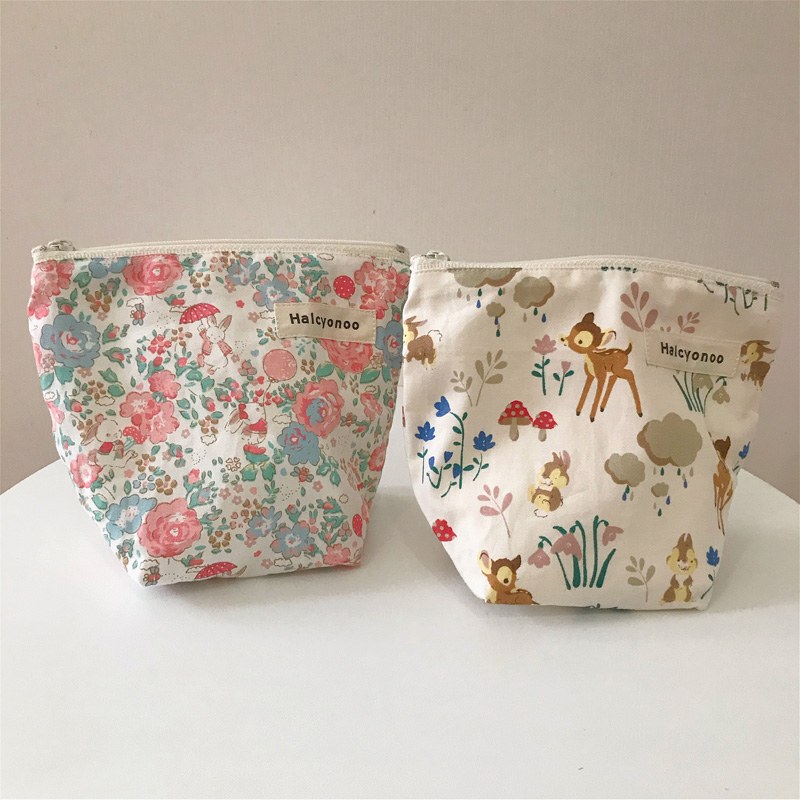 Homemade Cute Clutch Fresh Floral Coin Purse Zipper Cosmetic Bag Original Fabric Sanitary Cotton Storage Bag