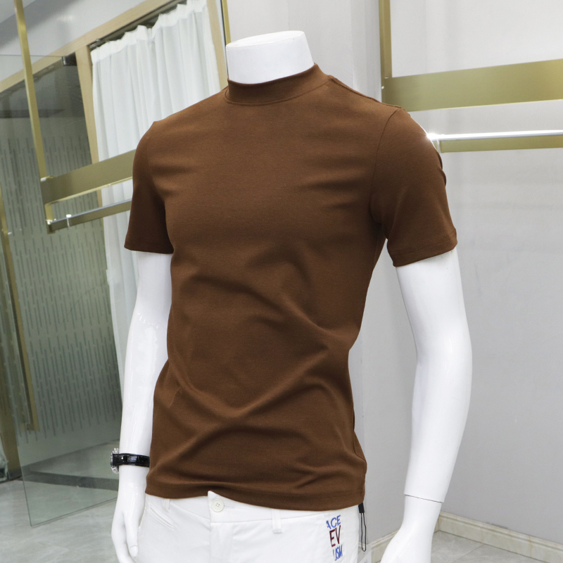 Men's Short-Sleeved Turtleneck T-Shirt, Summer Coffee Color, Regular Shoulder, Slim Fit, 2025 New Style, Half-Turtleneck, Half-Sleeve Top, Trendy