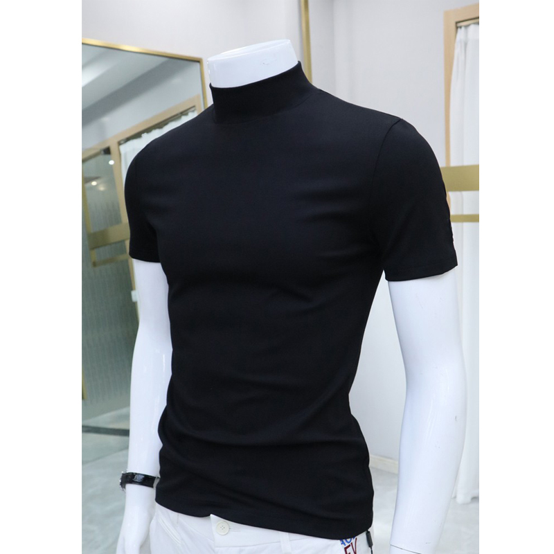 Summer Half-High Collar Short-Sleeve T-Shirt for Men, Slim Fit, Stretchy, Mid-Neck Half-Sleeve Base Shirt, 2025 New Black Top