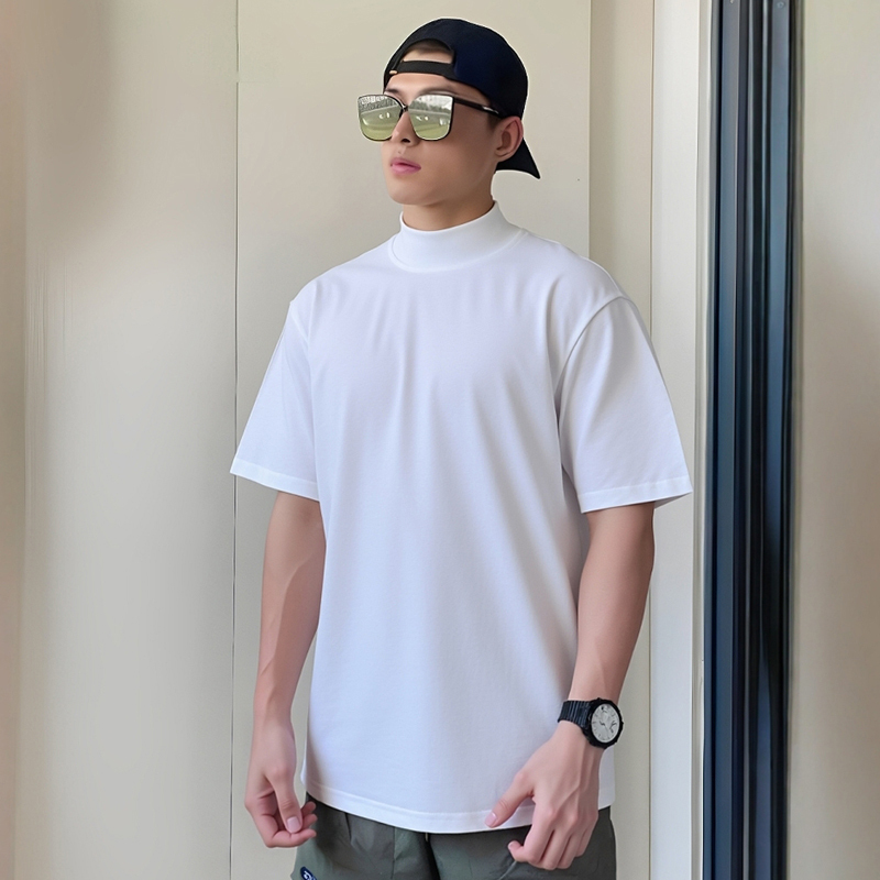 Mid-High Collar Short-Sleeved Men's Slightly Loose White Solona T-Shirt 2026 Summer Thin Ice Silk Half-High Collar Half-Sleeve