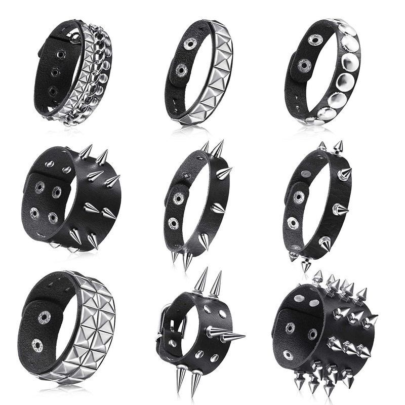 European and American Fashion Punk Street Style Nightclub Square Rivet Spike Bracelet ins Couple Leather Bracelet Bangle