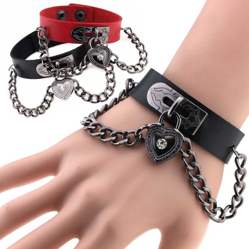 European and American Style Punk Heart-Shaped Lock Bracelet Pendant Chain Bracelet Adjustable Bracelet Leather Wristband Wrist Strap