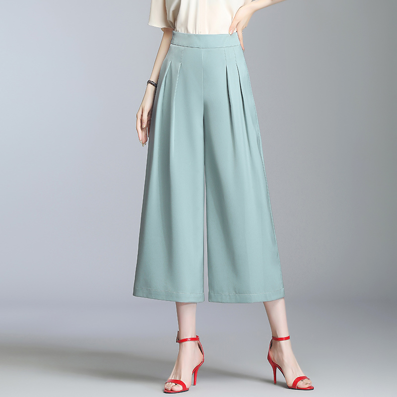 Bluish GreyIce silk Wide leg pants summer female Thin Cropped Trousers 2021 summer trousers easy Show thin acetic acid Silky Satin Women's trousers