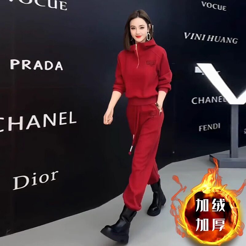 Red Sports Suit Women Autumn Winter Plus Suede Thickened 2023 New web Red Fried Street Advanced Senses Clothing Two Sets-Taobao