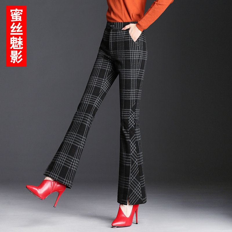 Flared pants women autumn and winter thick plaid wide leg pants 2021 new winter woolen trousers high waist micro horn pants