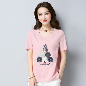 妈妈装夏装棉麻短袖T恤衫中年女装亚麻上衣中