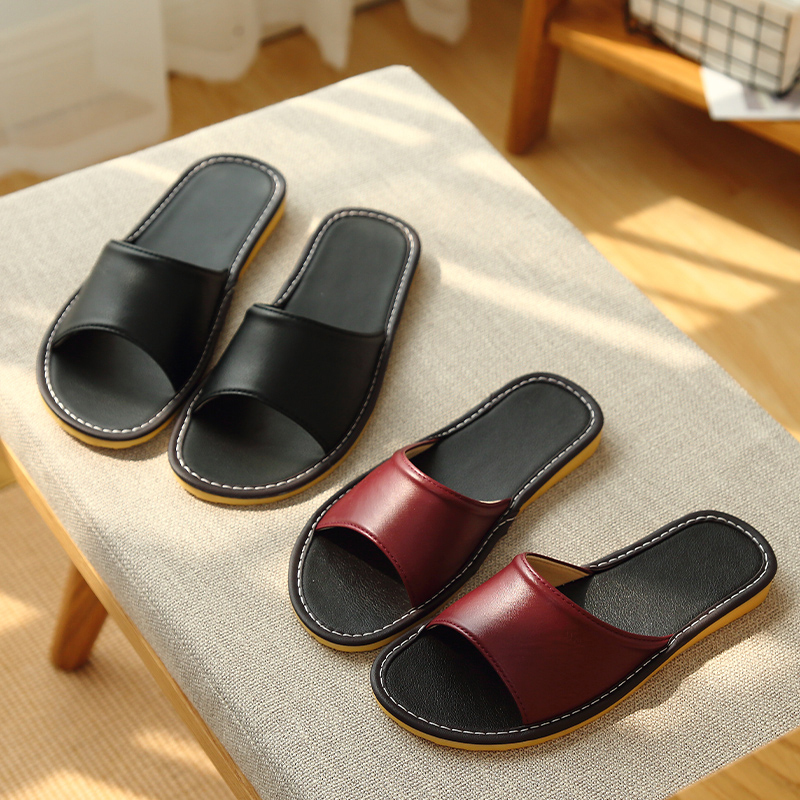Leather Slippers for Women, Indoor Home Use, Elderly, Non-Slip, Anti-Odor, Tendon Sole, Men's Sandals, Summer Home Use