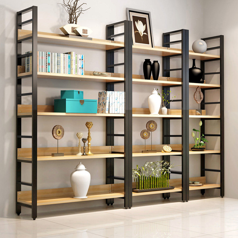 Simple steel wood bookshelf Living room storage storage Simple modern shelf shelf shelf Floor wall rack wrought iron