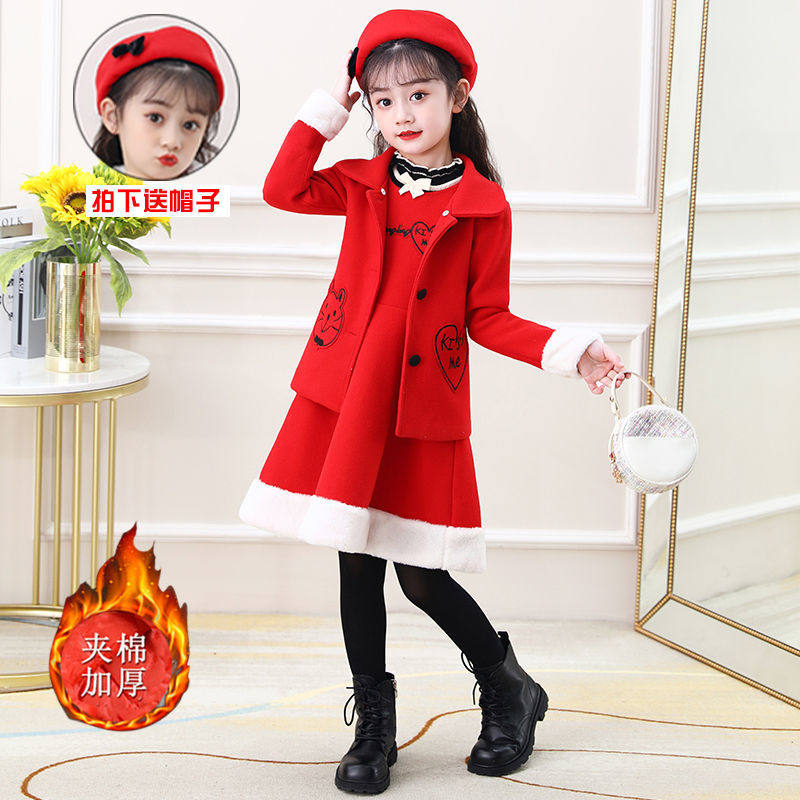 Children's net red autumn and winter woolen suit cotton new long sleeve foreign style dress girl baby winter dress three sets