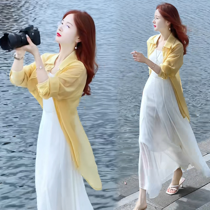 Light and Mature Style Dress for Women, Lightweight Sun-Protective Shirt, New Summer Style, Stylish and Slimming, Over-The-Knee Suspender Long Skirt Two-Piece Set