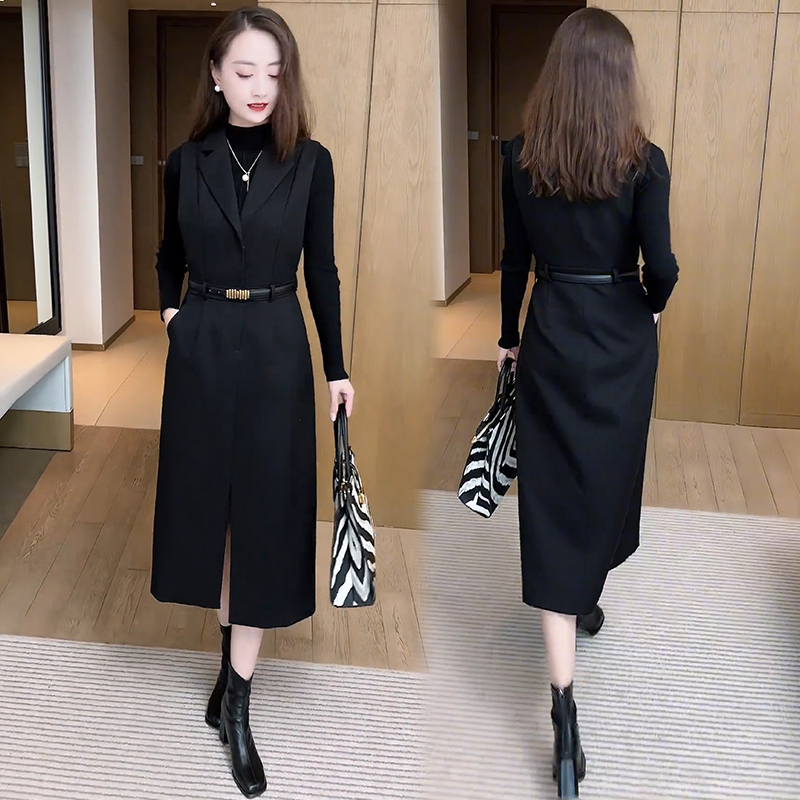 Fashionable Dress for Women 2026 Autum New Long-Sleeved Knitted Bottoming Shirt Suit Collar Vest Dress Two-Piece Set Fashionable Dress for Women 2026 Autum New Long-Sleeved Knitted Bottoming Shirt Suit Collar Vest Dress Two-Piece Set