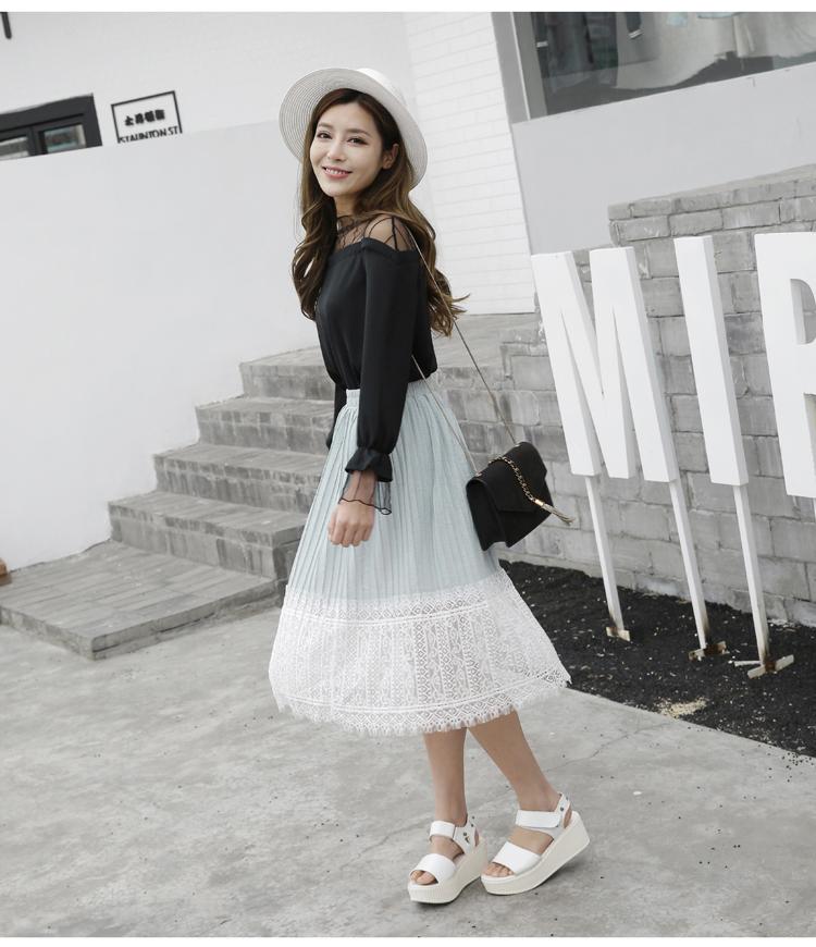 Phối một bên lưới gợi cảm top 2018 thu đông mới ren ren áo voan kèn tay áo chạm đáy áo sơ mi nữ đẹp