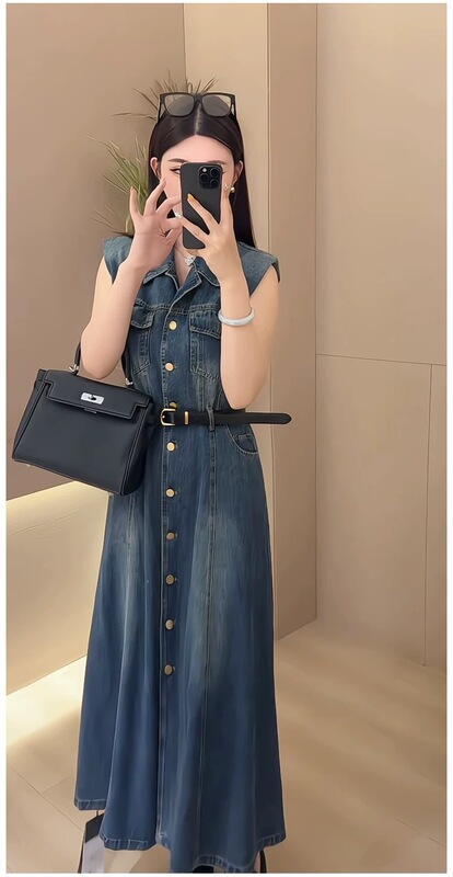 Hong Kong Style Waist-Cinching Denim Dress for Women, Summer 2026 New Model, High-End Fashion, Elegant Sleeveless Shirt Long Dress Hong Kong Style Waist-Cinching Denim Dress for Women, Summer 2026 New Model, High-End Fashion, Elegant Sleeveless Shirt Long Dress