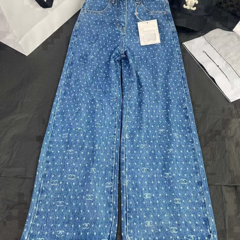 Korean-Style Polka Dot Denim Straight-Leg Pants for Women, Jennie's Same Style, Chanel-Inspired, 2025 Spring/Summer New Model, Slimming High-Waisted Wide-Leg Korean-Style Polka Dot Denim Straight-Leg Pants for Women, Jennie's Same Style, Chanel-Inspired, 2025 Spring/Summer New Model, Slimming High-Waisted Wide-Leg