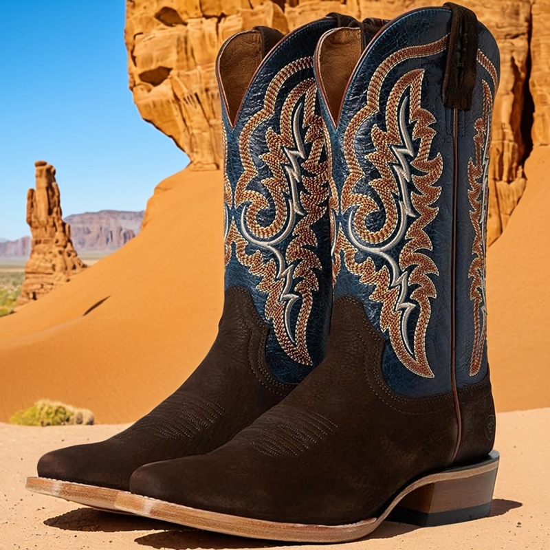 American Ariat Oil-Waxed Cowhide Leather Color-Blocked 6-Row Embroidery Square-Toe Vintage Western Cowboy Boots Riding Boots for Men