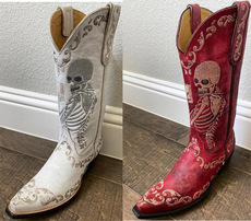 Западные Boots old gringo西班牙骷髅刺绣牛皮真皮骑马靴高筒靴复古西部牛仔靴女