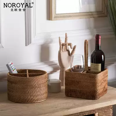 American retro living room coffee table remote control storage box Round multi-grid wooden rattan cosmetics desktop shelf