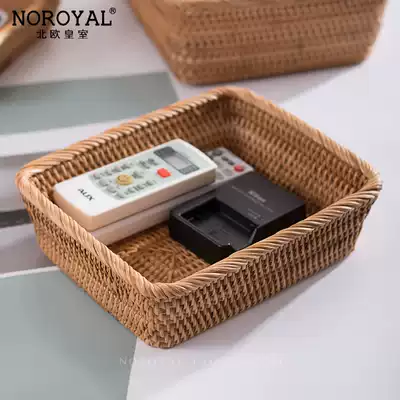 Solid Wood rattan coffee table dried fruit plate American hand-made living room snacks small grocery basket retro square desktop storage box