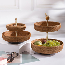 Retro double-layer fruit plate Household living room light luxury brass multi-layer candy basket Nordic ins handmade rattan snack plate
