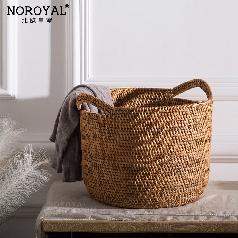 Retro rattan basket high-grade wooden hand-woven laundry basket large barrel-shaped toy storage box laundry basket