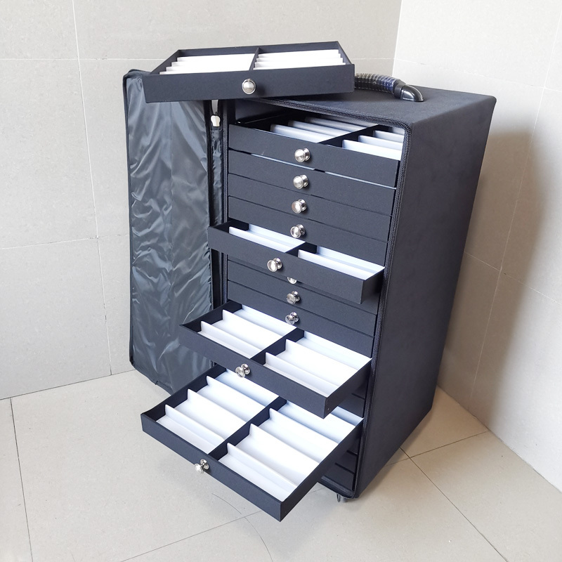 Portable Handmade Eyewear Trolley Case with Multi-Layer Drawers, Large Capacity Optical Sunglasses Display Box, Black Glasses