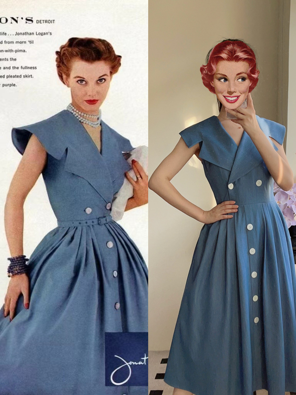 Lotus Retro Handmade Hepburn-Style Vintage Denim Blue Lapel Dress with a Large Hem