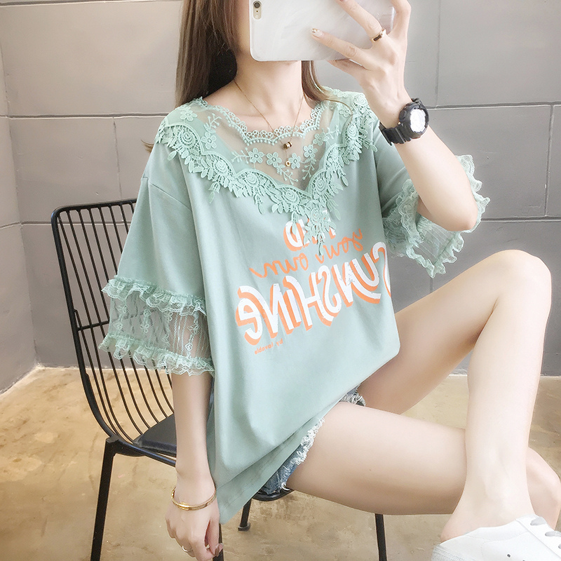 Plus Size Women's Summer Short-Sleeved T-Shirt with Lace Trim, 2026 New Style, Loose and Age-Reducing Half-Sleeve Top