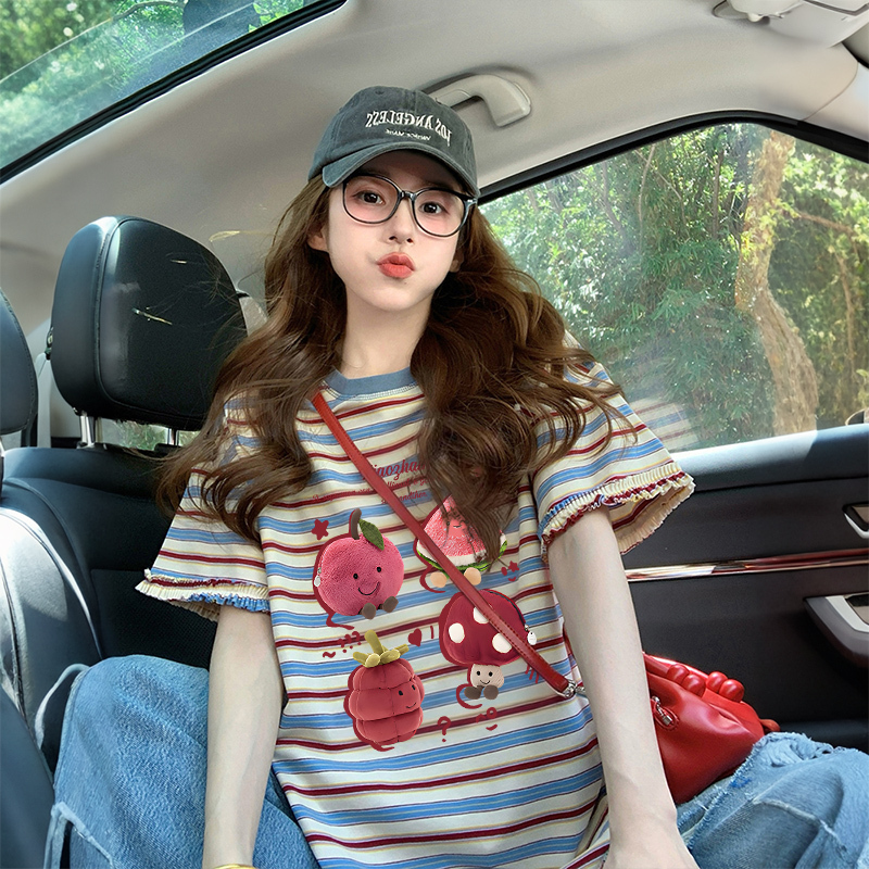 Pure Cotton Striped Short-Sleeve T-Shirt for Women 2026 New Summer Loose Plus-Size Women's Clothing with a Unique Design