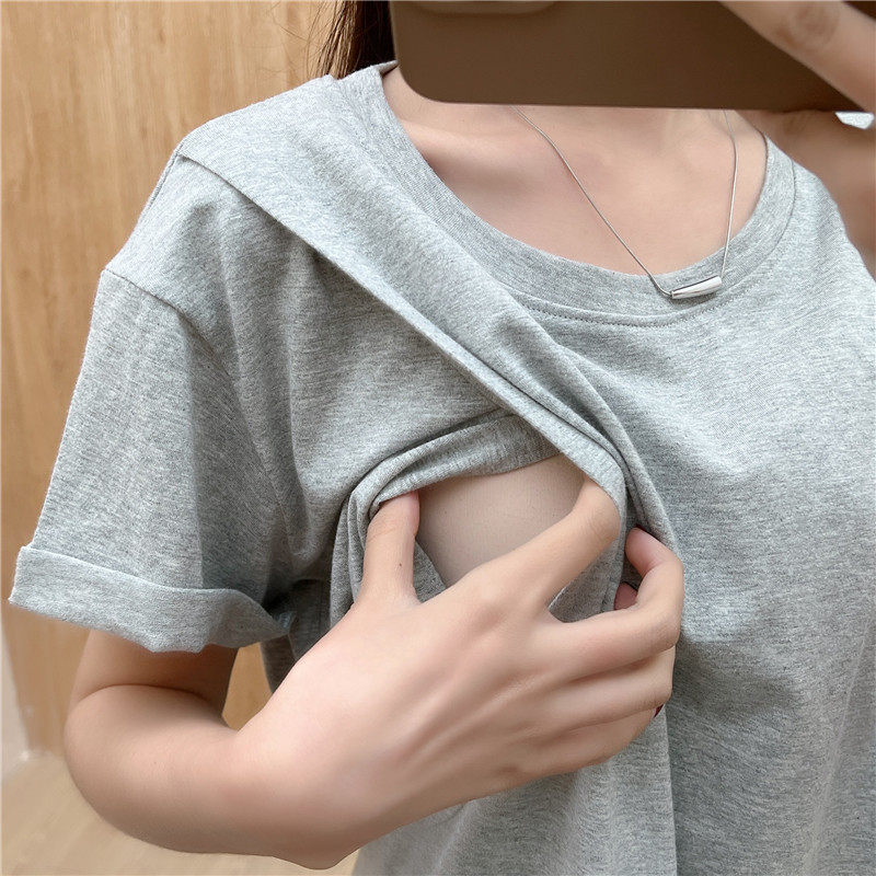 Postpartum lactation blouses Summer thin cotton short sleeves pure color Side opening sleeves Laces Laces with Laces Laces