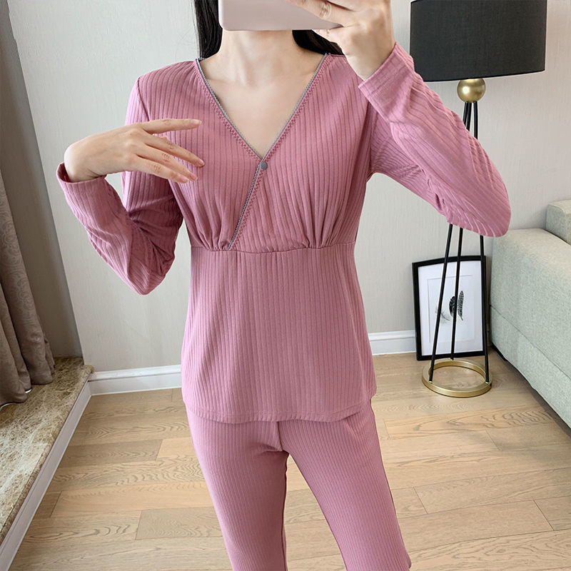 Postpartum confinement clothes modal nursing homewear suit autumn nursing clothes pregnant women pajamas no-wear bra autumn clothes