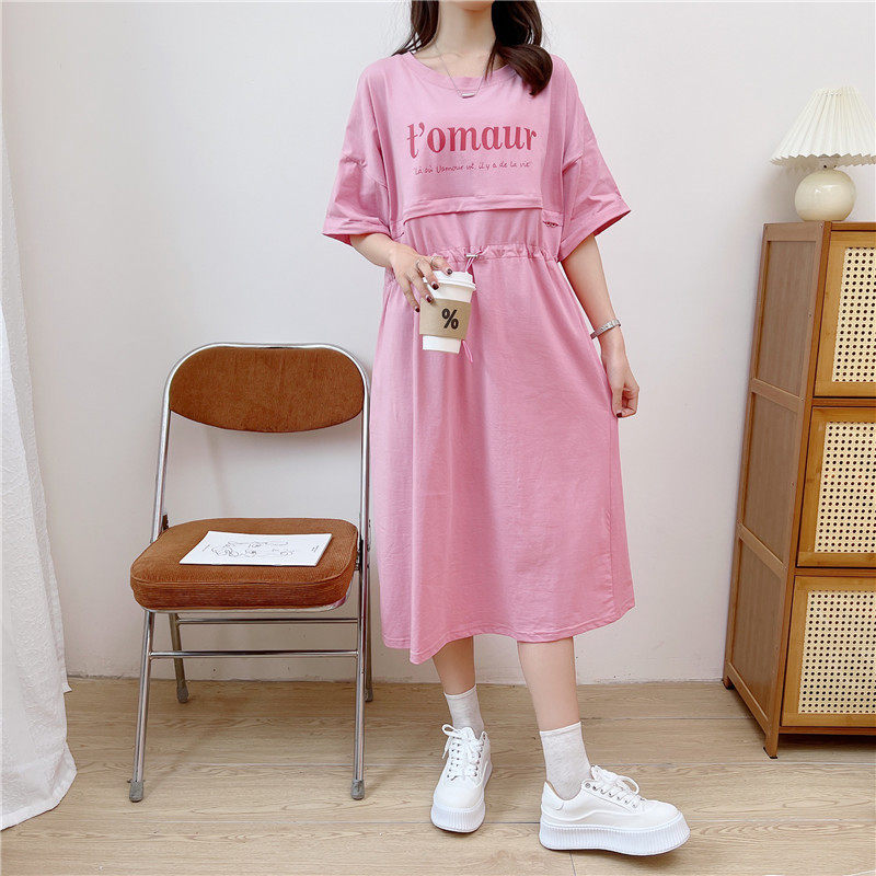 Postnatal suckling pregnant woman dress with loose round collar short sleeve skirt for summer outside wearing round collar lactation cashew dress