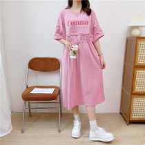 Postpartum breast-feeding pregnant woman dress with loose round collar short sleeve dress Summer out to wear round collar-to-be-breast-fed waist-to-wear dress
