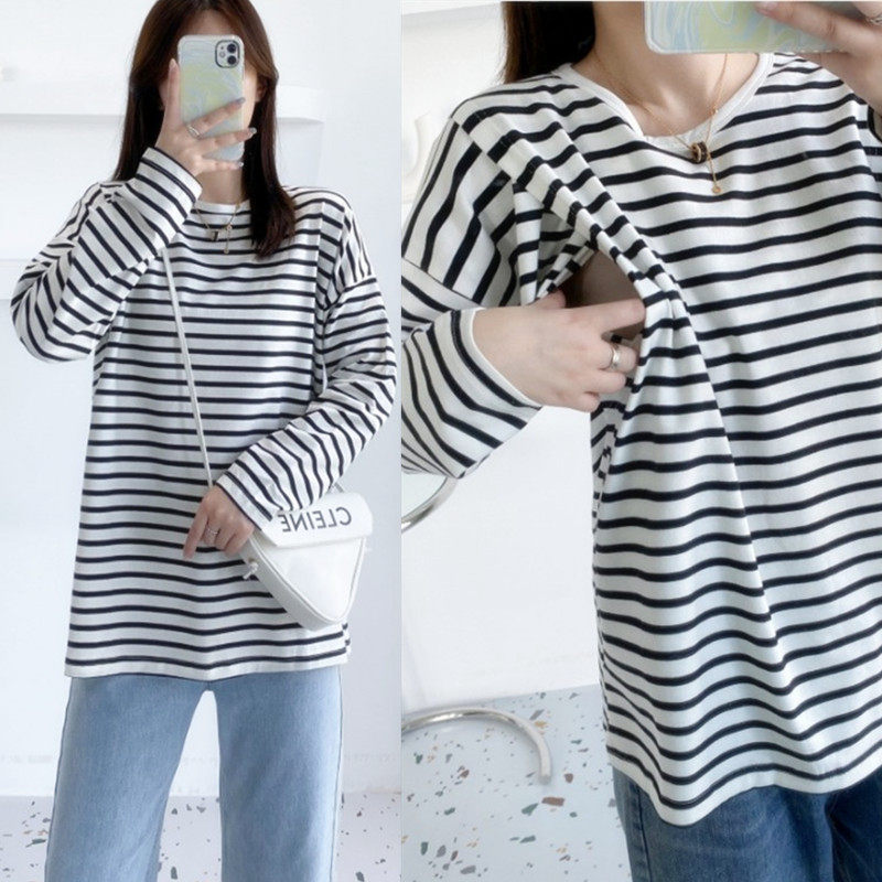 Postpartum lactation blouses Long sleeves Fall pure cotton pregnant women striped casual blouses New pint collar loose Korean version laces