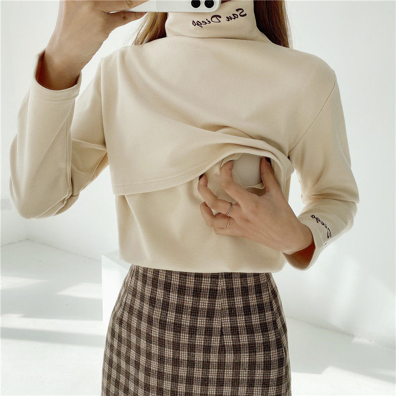 Autumn Winter New Duvet High Collar Pregnant Woman Breastfeeding Postpartum Long Sleeve Undercoat For Warm Breastfeeding Month