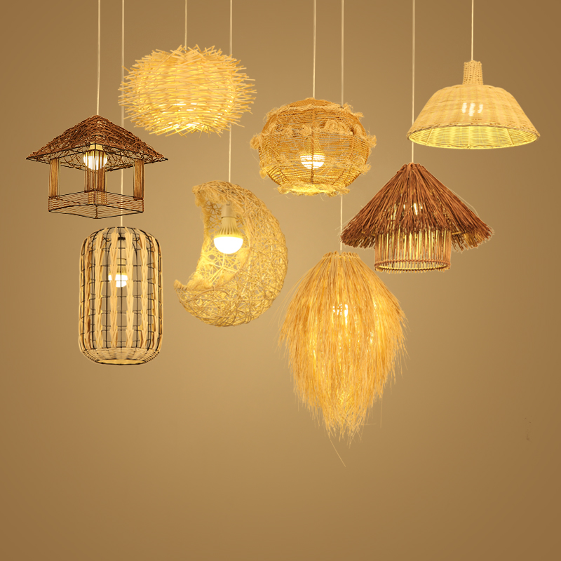 Pastoral style Cane chandelier Hexoon Creative personality Restaurant Bamboo Lamp Japanese Bird Nest Hotel Cafe